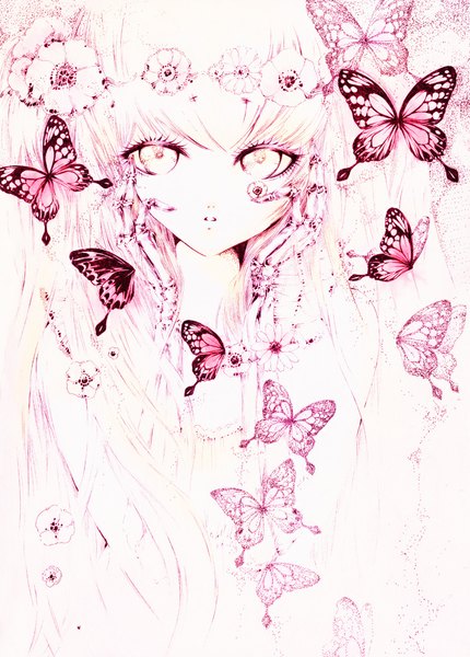 Anime picture 716x1000 with original charmal (pixiv) single long hair tall image looking at viewer blonde hair yellow eyes skeleton girl flower (flowers) insect butterfly