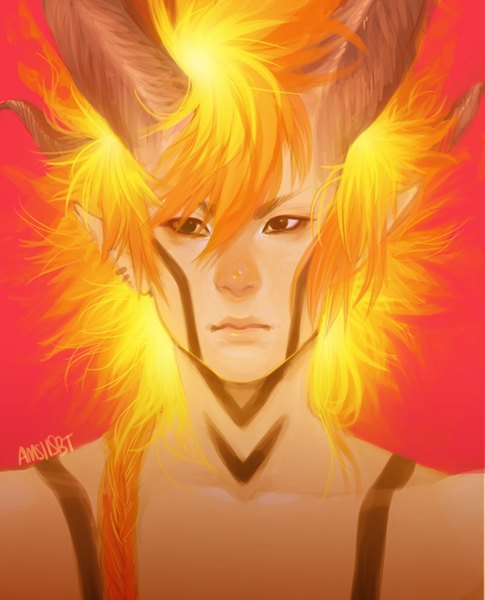 Anime picture 1200x1484 with original amsbt tall image simple background horn (horns) pointy ears black eyes orange hair realistic tattoo facial mark pink background face paint zodiac aries (zodiac) boy fire