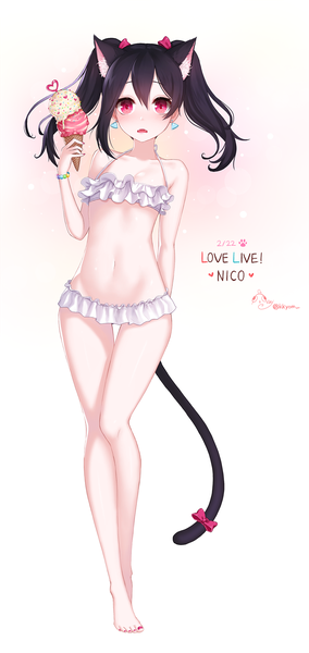 Anime picture 1000x2113 with love live! school idol project sunrise (studio) love live! yazawa nico ango single long hair tall image looking at viewer blush open mouth light erotic black hair red eyes twintails animal ears full body tail animal tail cat ears