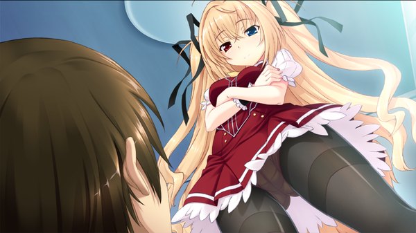 Anime picture 1024x576 with yasashii mahou no tonaekata long hair light erotic blonde hair wide image twintails game cg heterochromia girl boy uniform underwear panties ribbon (ribbons) hair ribbon school uniform pantyhose