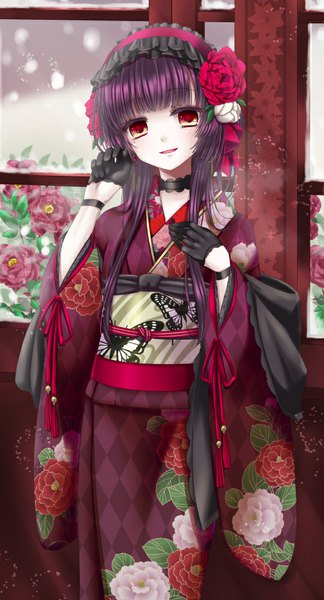 Anime picture 540x1000 with original hiroharu single long hair tall image looking at viewer open mouth red eyes purple hair traditional clothes japanese clothes girl gloves black gloves headdress kimono