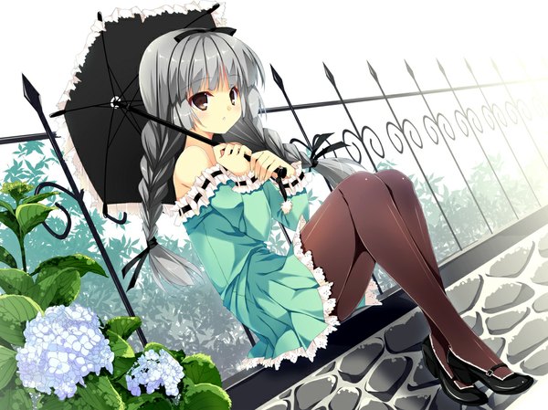 Anime picture 1063x797 with original kobayashi chisato single long hair sitting brown eyes silver hair full body outdoors braid (braids) dutch angle twin braids girl dress flower (flowers) pantyhose frills umbrella fence railing