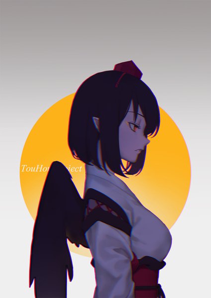 Anime picture 1000x1412 with touhou shameimaru aya liuli (llc) single tall image short hair breasts black hair red eyes traditional clothes japanese clothes profile pointy ears copyright name black wings kourindou tengu costume girl wings obi tokin hat
