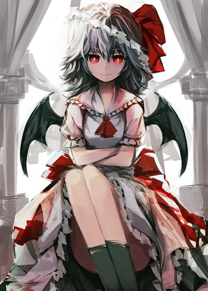 Anime picture 715x1000 with touhou remilia scarlet zen33n single tall image looking at viewer short hair smile red eyes sitting blue hair crossed arms bat wings girl bow hair bow wings socks black socks