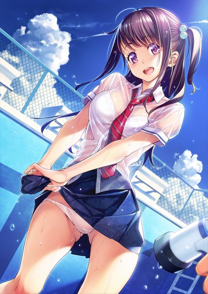 Anime picture 896x1265 with original ikeda yasuhiro single long hair tall image looking at viewer fringe open mouth light erotic brown hair purple eyes payot sky cloud (clouds) ahoge outdoors :d wet dutch angle side ponytail