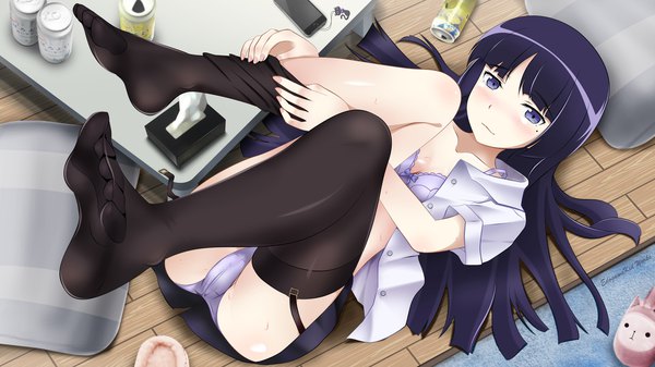 Anime picture 1920x1080 with ore no imouto ga konna ni kawaii wake ga nai gokou ruri edogawakid single long hair looking at viewer blush highres light erotic black hair wide image purple eyes open shirt legs girl thighhighs skirt underwear panties black thighhighs