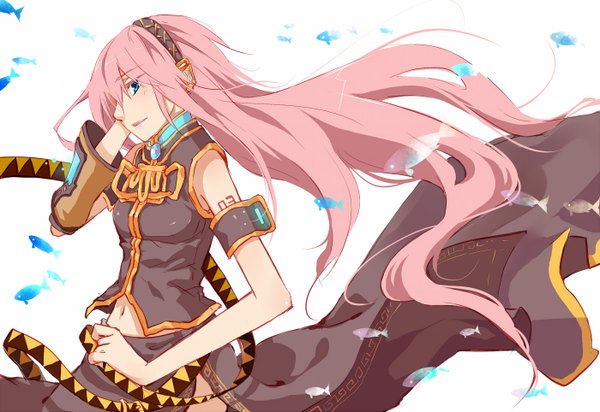 Anime picture 1400x963 with vocaloid megurine luka lc hi ji (saiyki) long hair blue eyes white background pink hair profile girl navel detached sleeves headphones fish (fishes)