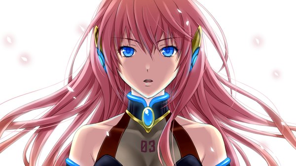 Anime picture 1280x720 with vocaloid megurine luka asami (undoundo) long hair blue eyes simple background wide image white background bare shoulders pink hair girl