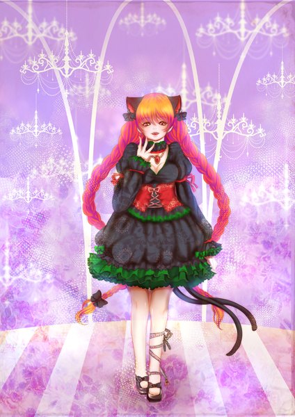 Anime picture 2894x4093 with touhou kaenbyou rin apricot tall image highres open mouth red eyes twintails animal ears red hair very long hair cat ears cat girl cat tail extra ears girl dress bow hair bow