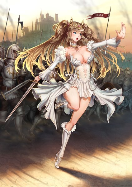 Anime picture 1528x2160 with original youbou long hair tall image breasts open mouth blue eyes light erotic brown hair revision girl dress hair ornament weapon detached sleeves sword boots armor tiara castle