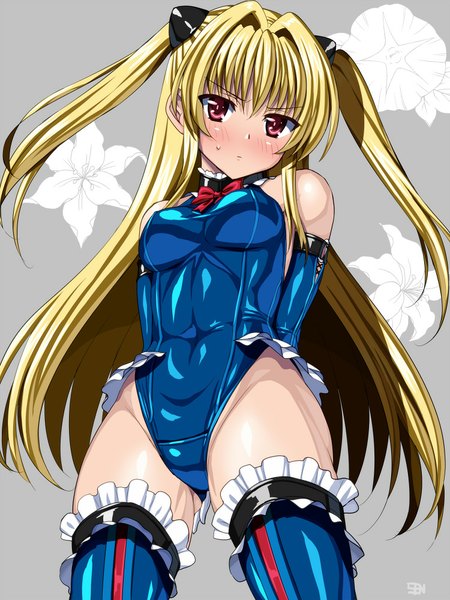 Anime picture 750x1000 with toloveru toloveru darkness dead or alive xebec konjiki no yami marie rose sen (sansui) single long hair tall image looking at viewer blush breasts light erotic blonde hair red eyes hands behind back marie rose (cosplay) girl flower (flowers)