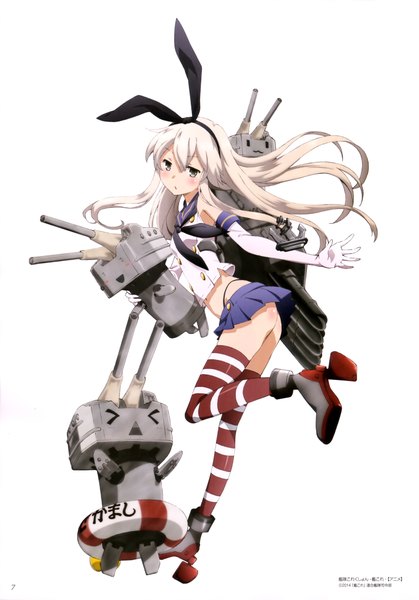 Anime picture 2853x4088 with kantai collection shimakaze destroyer rensouhou-chan katou hiromasa long hair tall image blush highres white background brown eyes white hair scan official art girl thighhighs skirt gloves bow weapon hair bow