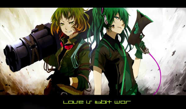 Anime picture 1500x883 with bokura no 16bit sensou vocaloid koi wa sensou (vocaloid) hatsune miku gumi itou (artist) fringe short hair wide image twintails multiple girls green eyes green hair hair over one eye letterboxed girl gloves weapon 2 girls huge weapon