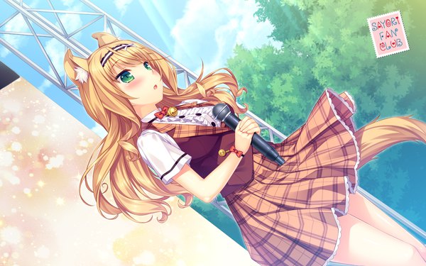 Anime picture 1920x1200 with neko paradise neko works (studio) maple (sayori) sayori single long hair fringe highres open mouth blonde hair holding green eyes signed animal ears looking away game cg sky tail animal tail cat ears