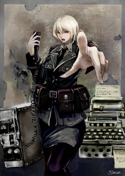 Anime picture 869x1228 with original jittsu single tall image looking at viewer short hair open mouth red eyes pointing girl skirt uniform shirt necktie belt military uniform paper card (cards)