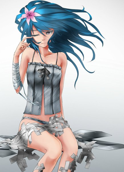 Anime picture 850x1172 with saiki (artist) single long hair tall image light erotic simple background white background bare shoulders one eye closed hair flower wink aqua hair grey background grey eyes gradient background girl hair ornament flower (flowers) bandage (bandages)