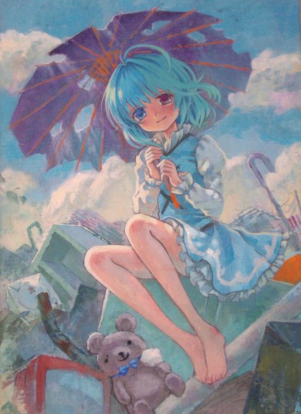 Anime picture 1105x1518 with touhou tatara kogasa ama-tou single tall image looking at viewer blush short hair smile sitting blue hair sky cloud (clouds) barefoot from below heterochromia traditional media girl dress umbrella