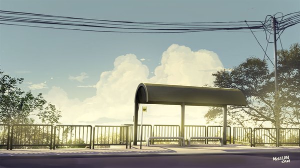 Anime picture 1280x720 with original mclelun wide image signed sky cloud (clouds) no people plant (plants) tree (trees) fence power lines road bus stop