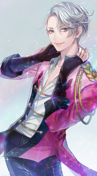 Anime picture 650x1178 with yuri!!! on ice mappa viktor nikiforov matsurika youko single tall image looking at viewer short hair blue eyes smile silver hair grey background sparkle boy epaulettes