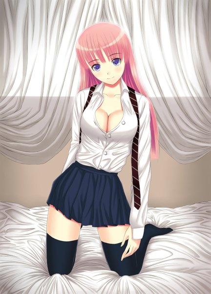Anime picture 2125x2952 with original xiao lian single long hair tall image looking at viewer blush highres breasts light erotic smile purple eyes pink hair light smile girl thighhighs skirt black thighhighs shirt