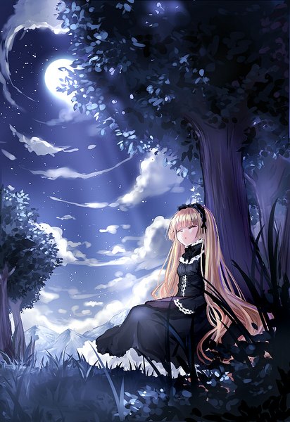 Anime picture 688x1000 with gosick studio bones victorique de blois akano sakura single tall image fringe blonde hair cloud (clouds) outdoors eyes closed very long hair night wide sleeves mountain sleeping girl dress plant (plants) tree (trees)