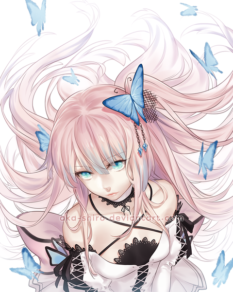 Anime picture 700x875 with original aka-shiro single long hair tall image looking at viewer fringe blue eyes simple background white background bare shoulders pink hair from above lacing girl dress hair ornament bow white dress insect