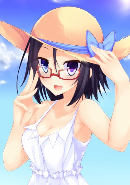 Anime picture 849x1200 with original nishi minami suterii single tall image looking at viewer blush short hair open mouth bare shoulders purple hair girl dress bow hat glasses sundress