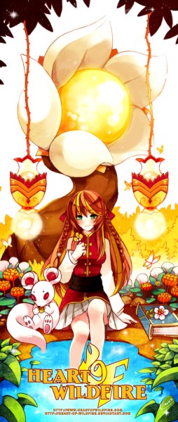 Anime picture 508x1200 with heart-of-wildfire kaskia single long hair tall image blush smile sitting green eyes multicolored hair girl dress flower (flowers) animal book (books)