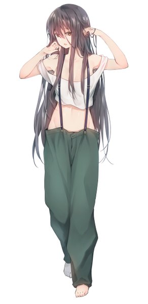 Anime picture 2508x5153 with original cocoa (cafe-hotcocoa) single long hair tall image fringe highres light erotic simple background hair between eyes standing white background bare shoulders looking away parted lips barefoot bare belly navel pants crop top