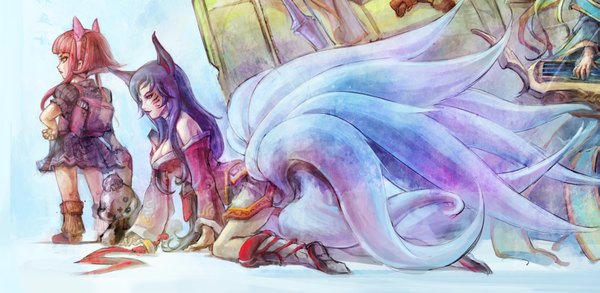 Anime picture 3894x1907 with league of legends ahri (league of legends) sona buvelle annie (league of legends) tibbers (league of legends) loiza long hair highres breasts wide image standing bare shoulders multiple girls green eyes animal ears purple hair red hair tail animal tail multicolored hair