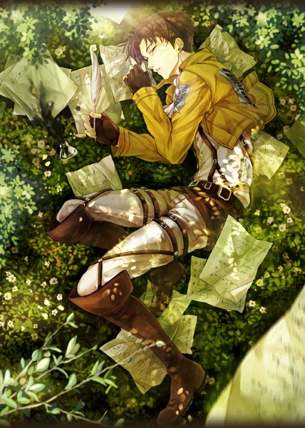 Anime picture 800x1120 with shingeki no kyojin production i.g levi (rivaille) nozomi tyatora single tall image short hair black hair sleeping serious green background boy gloves plant (plants) belt fingerless gloves thigh strap pants feather (feathers) grass