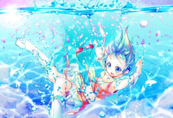 Anime picture 1200x823 with vocaloid gumi kochipu single short hair open mouth aqua eyes sunlight aqua hair underwater girl skirt petals glasses sea bubble (bubbles)