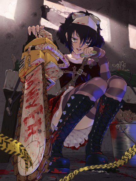 Anime picture 1129x1500 with black lagoon madhouse frederica sawyer tanaka noel single tall image looking at viewer short hair open mouth black hair sitting green eyes girl thighhighs boots blood striped thighhighs caution tape chainsaw
