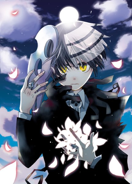Anime picture 1000x1390 with soul eater studio bones death the kid tagme (artist) single tall image short hair black hair yellow eyes cloud (clouds) white hair multicolored hair wind grey hair night two-tone hair night sky streaked hair glow boy