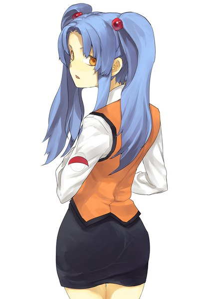 Anime picture 705x1000 with martian successor nadesico xebec hoshino ruri hama2224 single long hair tall image open mouth simple background white background twintails blue hair looking away looking back from behind orange eyes girl uniform hair tie hair bobbles