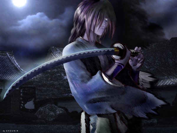 Anime picture 1600x1200 with rurouni kenshin himura kenshin dark background weapon sword katana