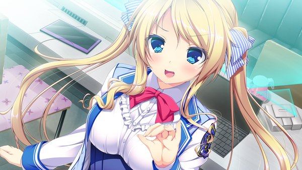 Anime picture 1280x720 with harvest overray giga mikami lilia single long hair blush open mouth blue eyes blonde hair wide image twintails game cg girl uniform ribbon (ribbons) hair ribbon school uniform