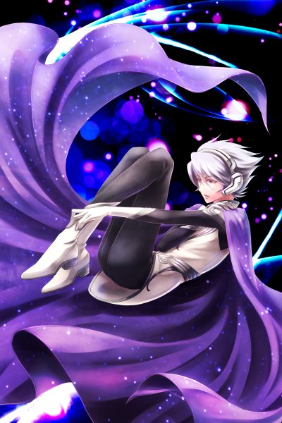 Anime picture 1600x2400 with terra e soldier blue v-sil single tall image short hair red eyes grey hair embryo's pose hand on shoulder boy headphones cloak suit