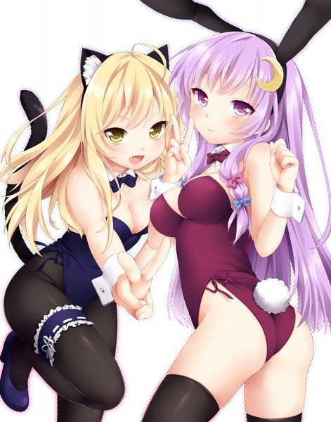 Anime picture 1500x1912 with touhou kirisame marisa patchouli knowledge etou (cherry7) long hair tall image blush open mouth light erotic blonde hair purple eyes multiple girls animal ears yellow eyes purple hair cat ears cat girl cat tail bunny ears victory