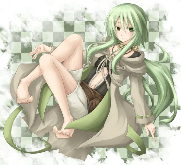 Anime picture 1392x1275 with shintani tsushiya single long hair sitting green eyes barefoot green hair midriff girl pendant cloak necklace