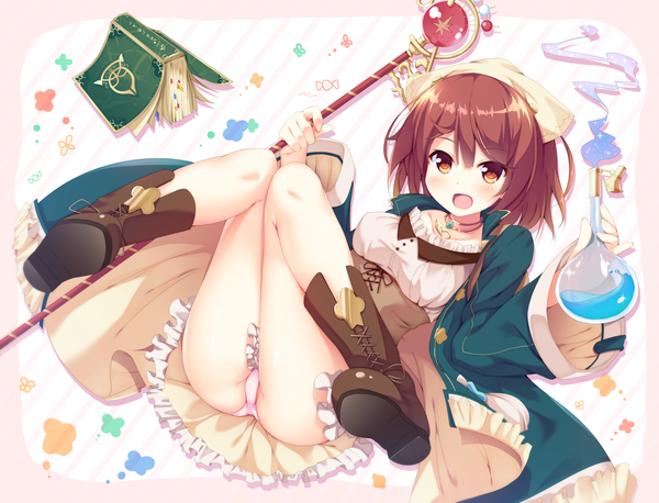 Anime picture 2783x2128 with atelier (series) atelier sophie gust (company) sophie neuenmuller kusunoki (escude) single looking at viewer blush highres short hair open mouth light erotic brown hair brown eyes girl dress underwear panties boots white panties