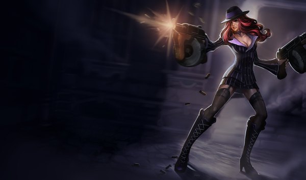 Anime picture 1215x717 with league of legends miss fortune (league of legends) single long hair fringe wide image red hair hair over one eye pirate casing ejection girl thighhighs weapon black thighhighs hat boots gun suit assault rifle shell casing