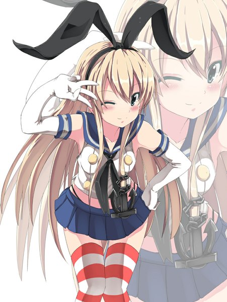Anime picture 751x1000 with kantai collection shimakaze destroyer noa (nagareboshi) single long hair tall image looking at viewer blush simple background blonde hair white background grey eyes zettai ryouiki hand on hip zoom layer knees touching girl thighhighs skirt gloves