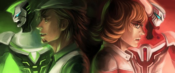 Anime picture 1897x798 with tiger & bunny sunrise (studio) kaburagi t. kotetsu barnaby brooks jr. rumbl3fishy highres short hair blue eyes brown hair wide image green eyes profile multiple boys back to back dual persona boy hat glasses necktie 2 boys