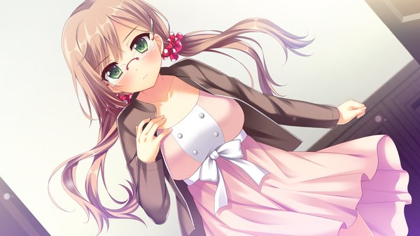 Anime picture 2560x1440 with jk trouble main"s nyan nyan (studio) serizawa hisa single long hair looking at viewer blush highres brown hair wide image twintails green eyes game cg girl dress glasses