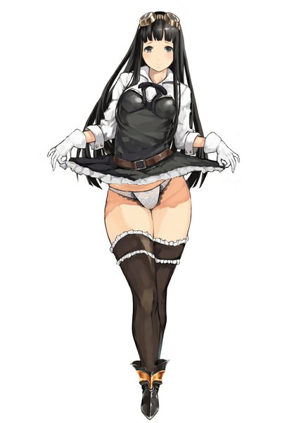 Anime picture 723x1037 with granblue fantasy jessica (granblue fantasy) kabocha head single long hair tall image looking at viewer blush fringe breasts light erotic black hair smile standing white background black eyes skirt lift goggles on head lace-trimmed panties girl