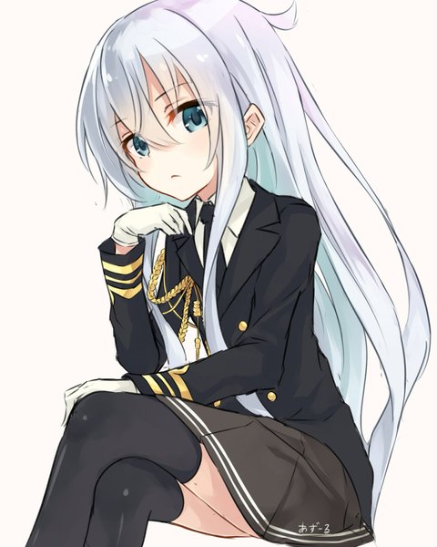 Anime picture 1600x2000 with kantai collection hibiki destroyer azuuru single long hair tall image looking at viewer blush fringe blue eyes simple background white background sitting signed white hair alternate costume crossed legs girl thighhighs gloves