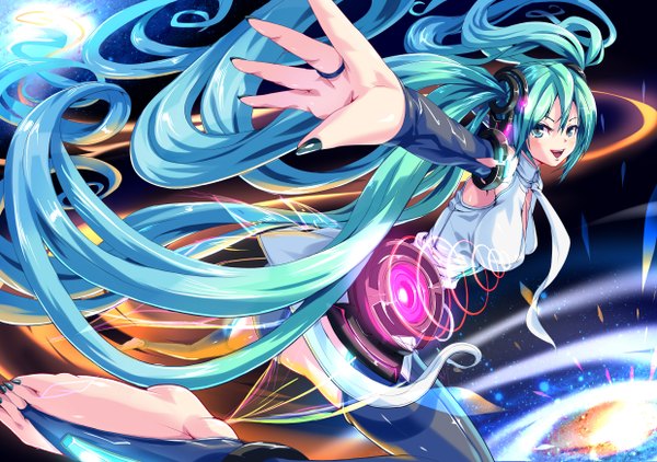 Anime picture 2480x1748 with vocaloid vocaloid append hatsune miku hatsune miku (append) hiropon pj (artist) highres twintails blue hair very long hair nail polish barefoot black nail polish toenail polish girl