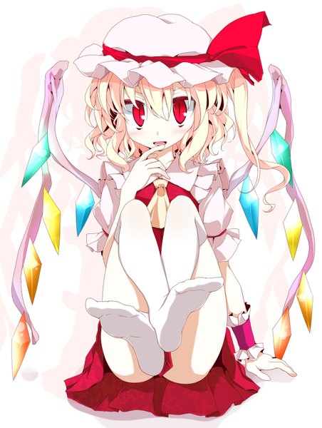 Anime picture 1295x1719 with touhou flandre scarlet oouso (usotsukiya) single tall image short hair light erotic blonde hair red eyes one side up finger to mouth girl thighhighs hat white thighhighs wings wrist cuffs bonnet crystal