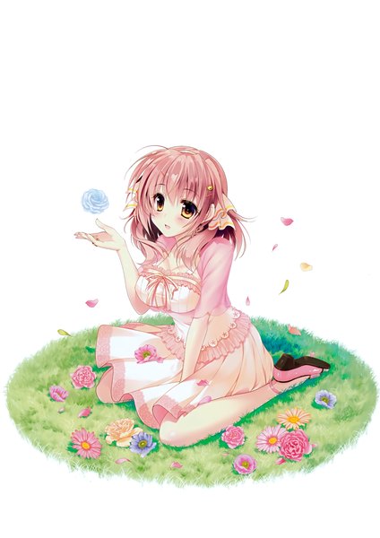 Anime picture 2471x3500 with liber 7 amatsuka miku kawai maria (artist) single long hair tall image looking at viewer blush highres open mouth simple background white background brown eyes pink hair scan girl dress flower (flowers) petals